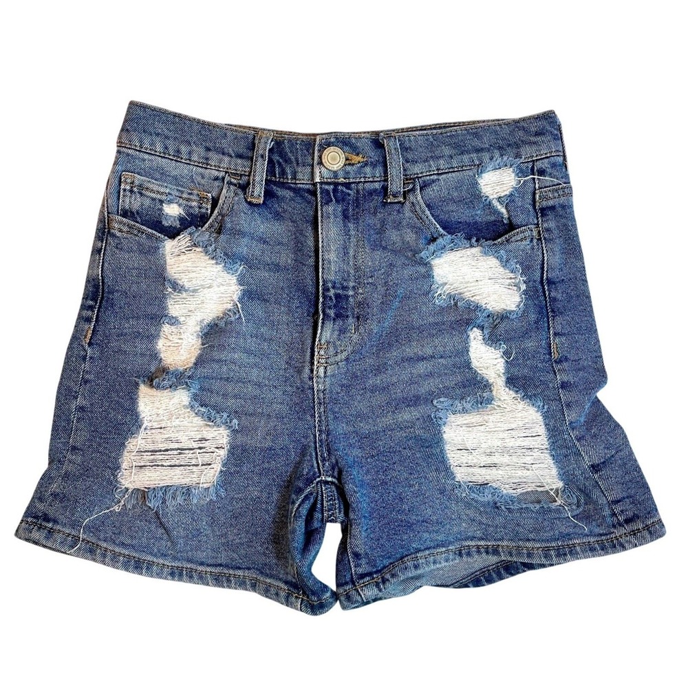 SO High Rise Distressed Denim Mom Shorts Size 28 Stretch Mid Length Ripped - Picture 2 of 8